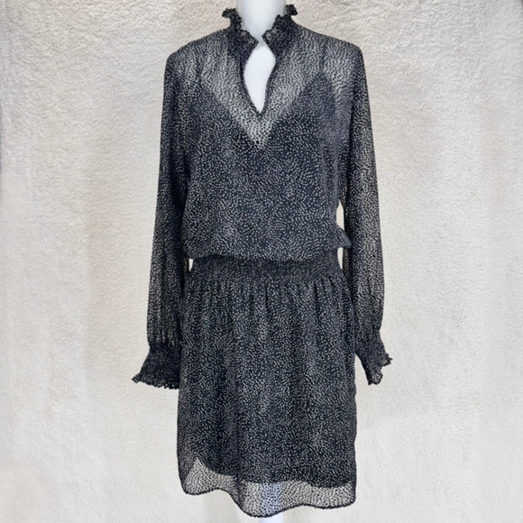 White House Black Market Dresses & Skirts - White House Black Market Dress L Black Flocked Dot Blouson V-Neck Long Sleeves